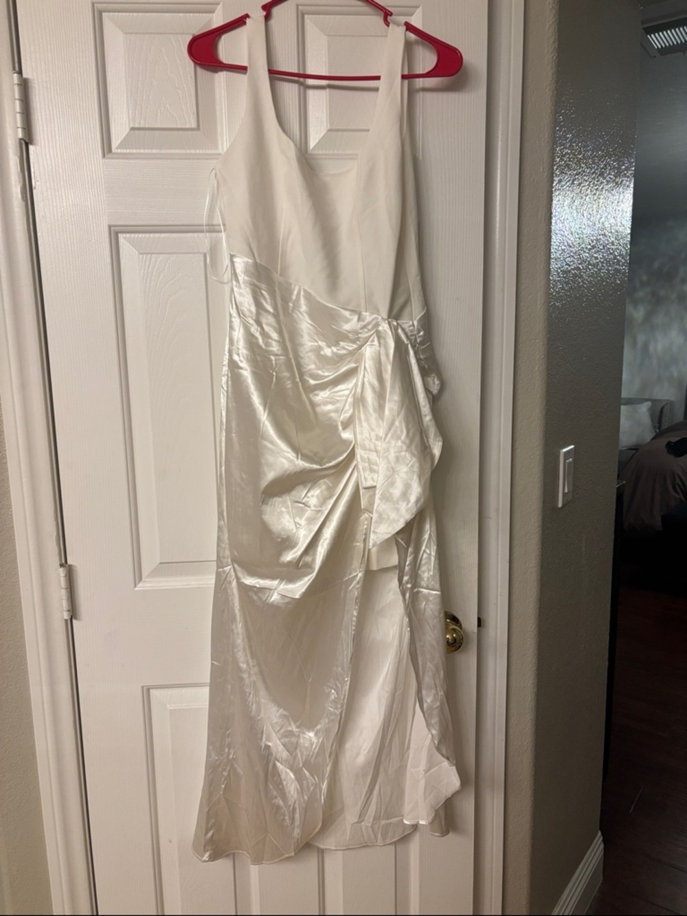 White Asymmetrical Satin-Detail Dress